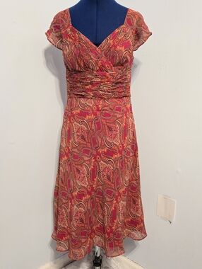 Y2K Pink Paisley Silk Chiffon Midi Dress Size 6